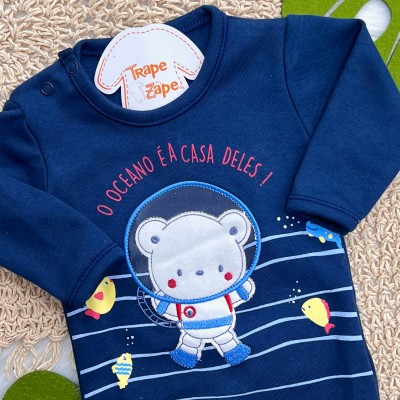 Kit 3 Peças - Bodys Manga Longa Ursinhos Friends - Off White, Marinho e Azul Bebê